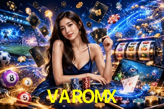 Una escena digital vívida inspirada en casino con VAROMX mostrado prominentemente, luces brillantes, fichas, cartas y acentos dorados.